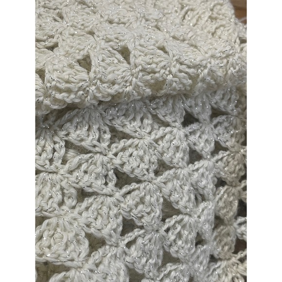 Handmade Crochet Shawl Metallic Sparkle Ivory Fringe Boho Wrap - Picture 8 of 11